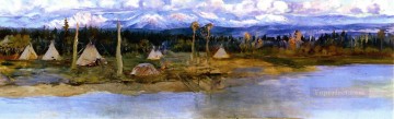 Amérindien œuvres - Camp de kootenai au lac des cygnes inachevé 1926 Charles Marion Russell Indiens d’Amérique